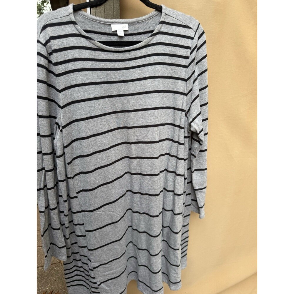 J.Jill XL Petite Dress Gray Black Stripe Cotton Modal Long Sleeve A-Line
